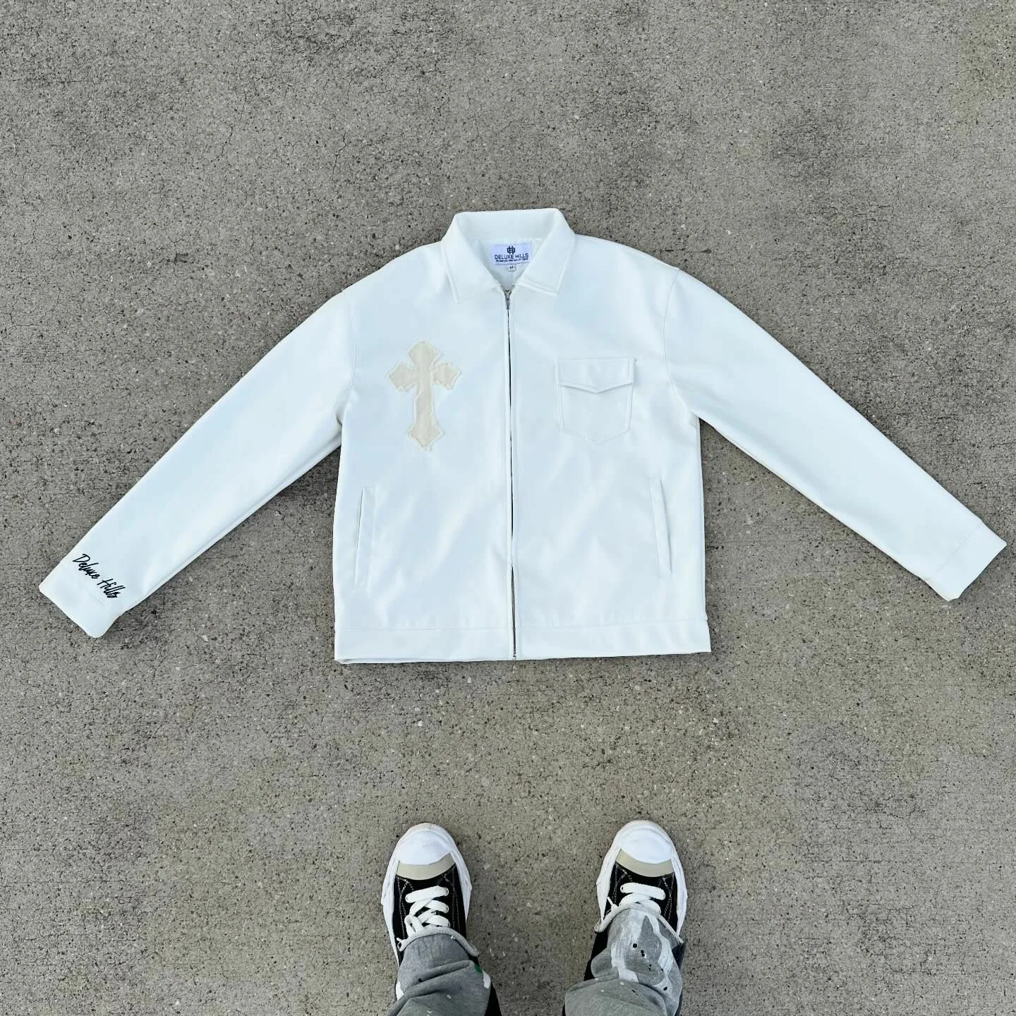 Custom Lapel Latest Design Coats Mens Streetwear Zip up Pu Patches Embroidery Applique Moto Leather Long Sleeve Jackets for Men gallery 8