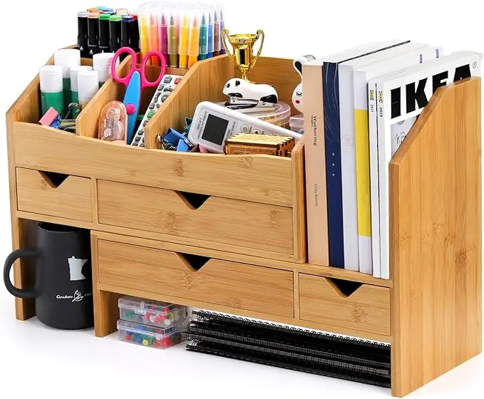 Bamboo Desk Organizers with Adjustable File Holder Mini Desk Drawer Tabletop Organization Box with 4 Drawers for Home Office