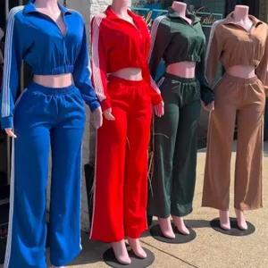 Viviblook Z1108ST04 Women Casual Long Sleeve Zip Crop Tops and Wide Leg Pants Matching Tracksuits Striped Print 2 Piece Sets