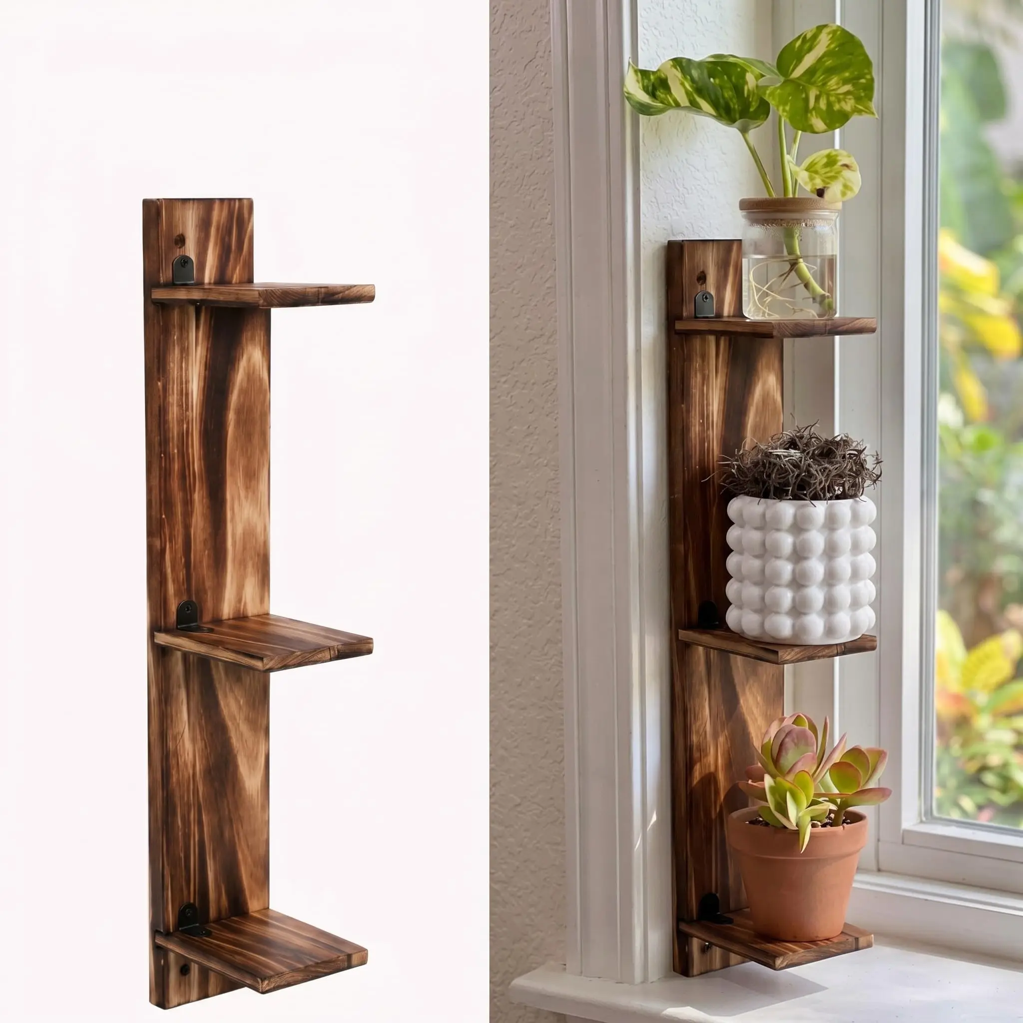 product wall plant shelf 3 tier rustic wood corner plant stand window wall mount space saving indoor plant holder for living room decor-2