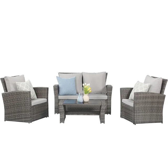 HOMECOME outdoor garden furniture 4-Pieces conversation set,patio furniture set, rattan wicker sofa chair with cushion
