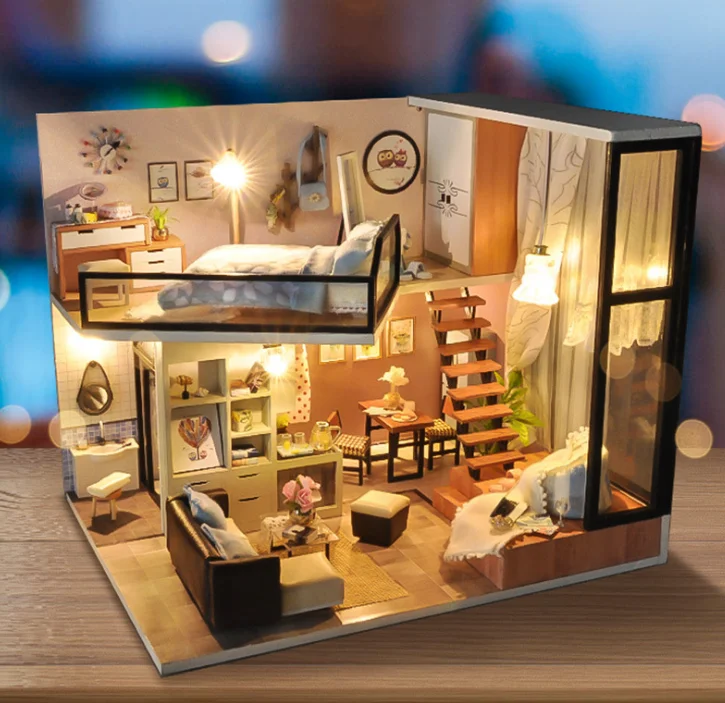 工厂供应商diy定制娃娃屋礼品可爱迷你房子带led灯教育成人/儿童茎