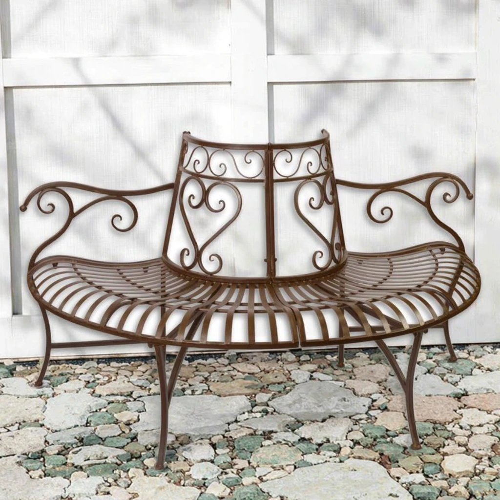 Antique White Metal Iron Wrap around Tree Bench for Garden Patio