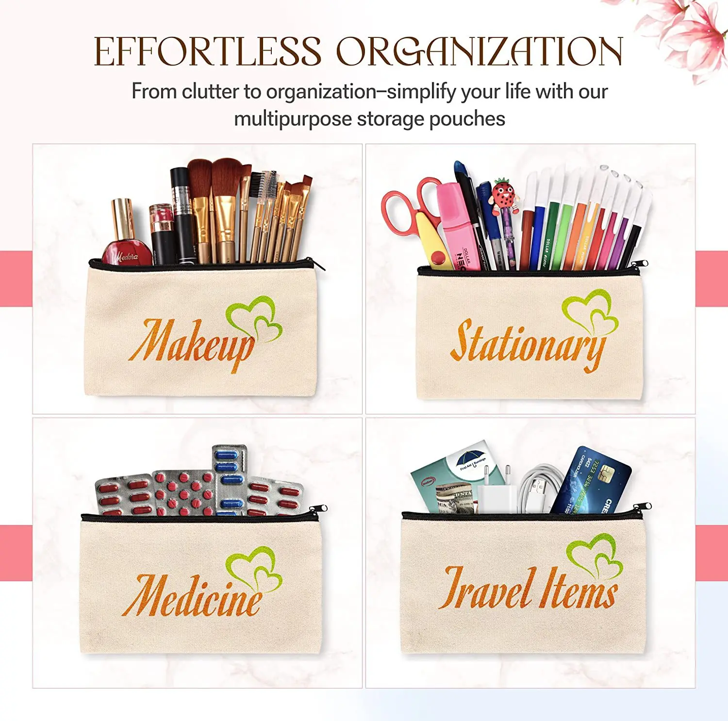 Wholesale Eco-Friendly Cotton Canvas Makeup Bag with Zipper Double Sided Accessory Pouch Custom Pattern Cosmetic Pouch details