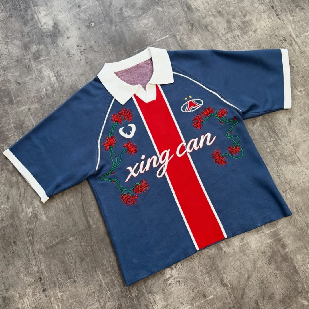 Begrænset brugerdefineret vintage-amerikansk sportspolo, 3D-puff-broderi, kontrastkrave, raglan-stil, overdimensioneret med korte ærmer, T-shirt til mænd