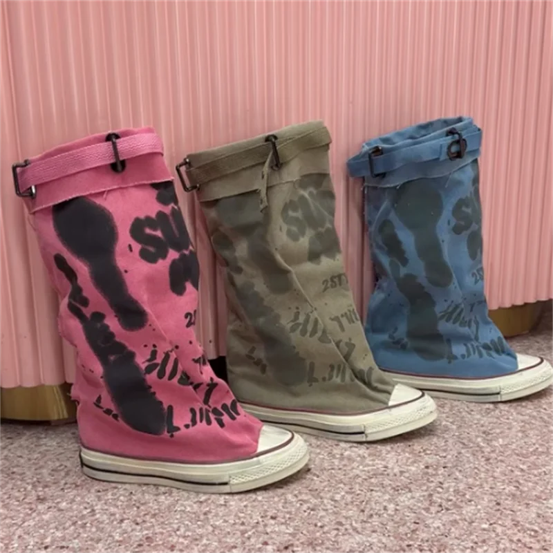 Graffiti High Top Canvas Shoes - Women's Classic Boot, Chunky Heel