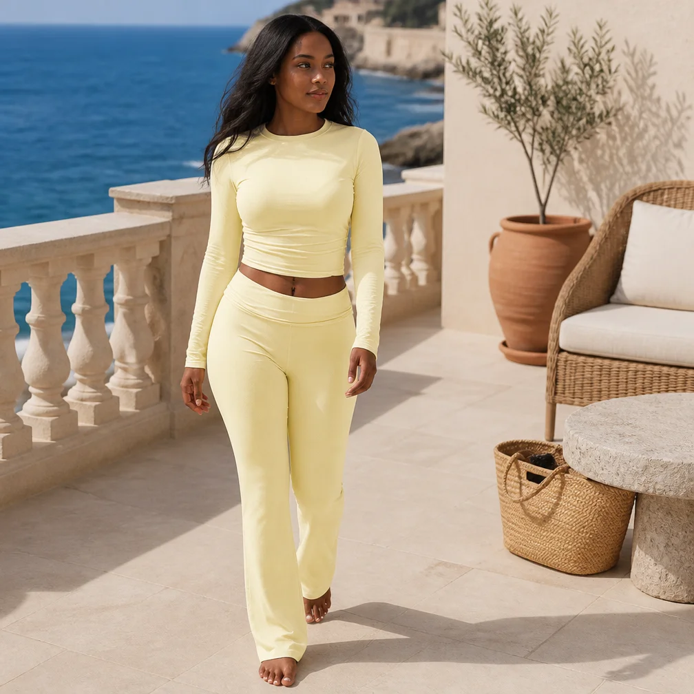 Long Sleeve Crop Top High Waist Flare Pants Two Piece Set thumbnail