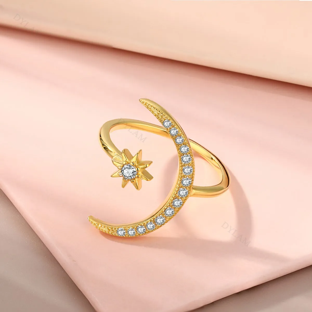 KAKODIY Fashion Design 925 Sterling Silver Jewelry Gold Plated Moon Star Ring Open Adjustable Thin Ring detail 2