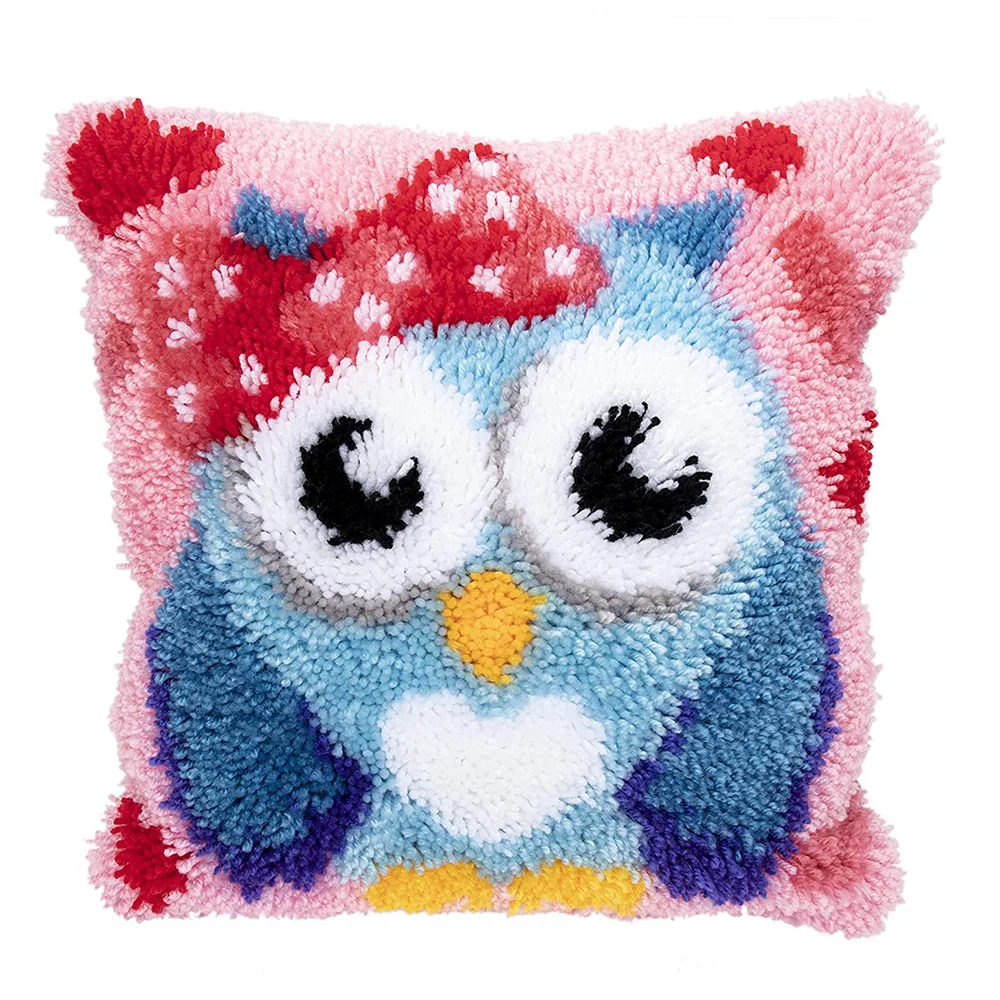 Manufacturers Supply Wool Carpet Embroidered Latch Hook Pillow Kits Cartoon Owl Pattern Plush Sofa Cushion