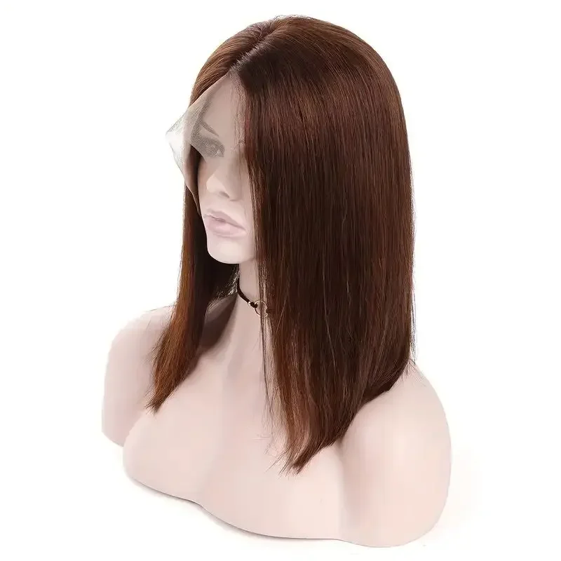 Parrucca Bob in pizzo con parte libera marrone, parrucca Bob corta brasiliana liscia color cioccolato scuro, parrucche frontali in pizzo con capelli umani_voghion.com