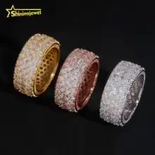 Luxury 3Rows Round Cut Diamond Fully Iced Out Band Ring VVS Moissanite Hop Hop Jewelry 925 Sliver Gold Plated Men's Rings