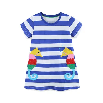 2025 Summer new girls' dress cartoon seahorse embroidered patch princess dress European and American style striped dress