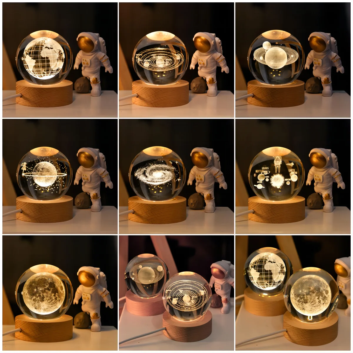 Gift 6cm Crystal Ball With 6cm Warm Light Round Wood Lamp Base 3d ...