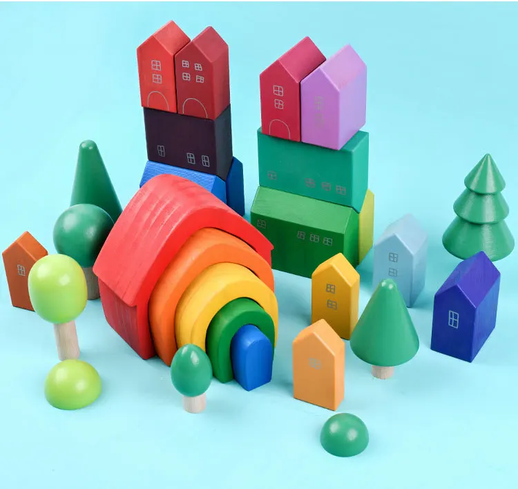Rainbow Stacking Building Block Set 5pcs Solid Wood Montessori House & Tree Toys for Kids Blue Early Education Toys