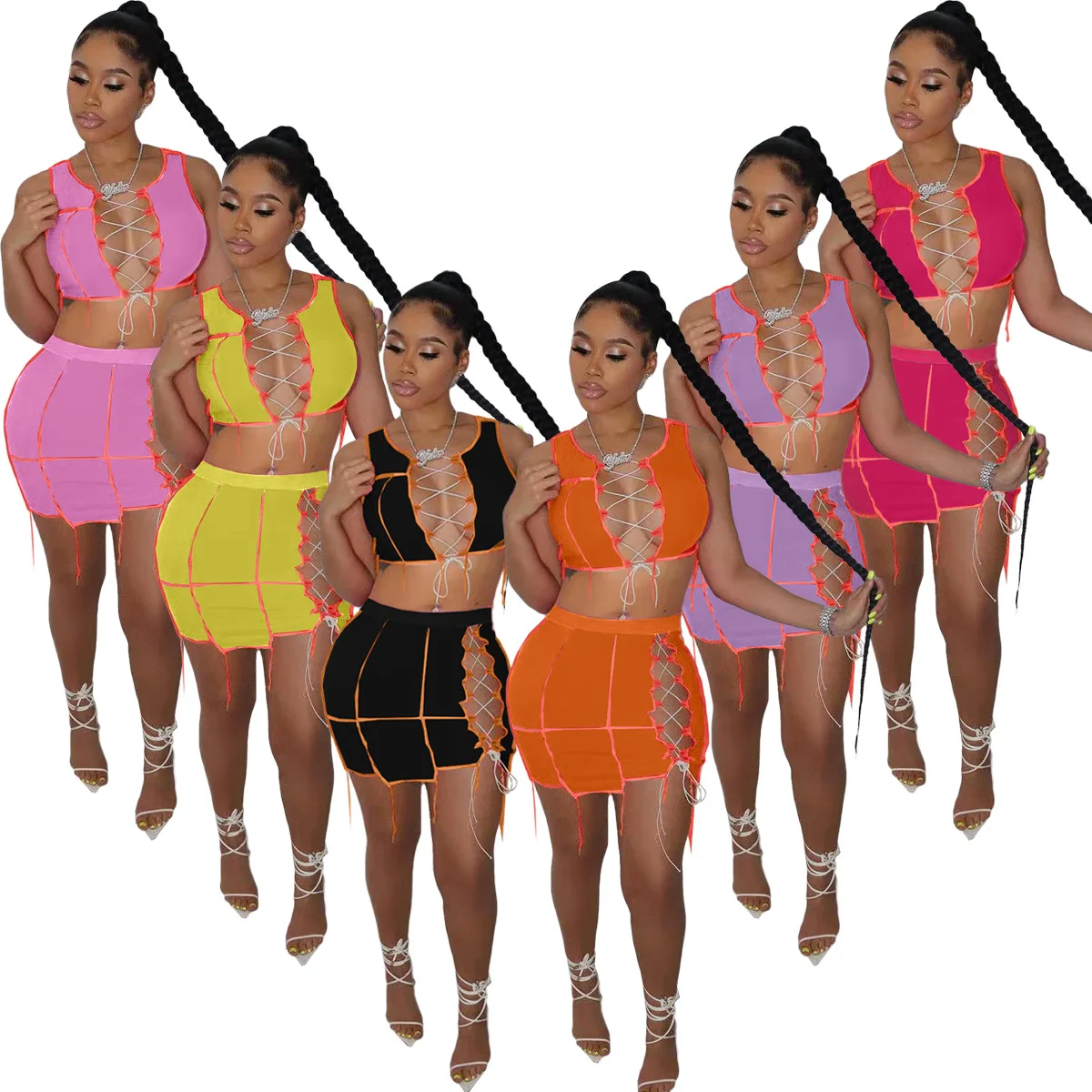 Новинка лета 2021, модная сексуальная женская одежда с вырезами, блузка и юбка, комплект из 2 предметов