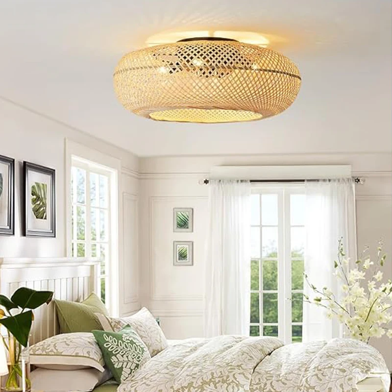 22 Inch Caged Ceiling Fan with Light Flush Mount Rattan Weaving Decorative Home Ceiling Fans With Lights and Remote Control