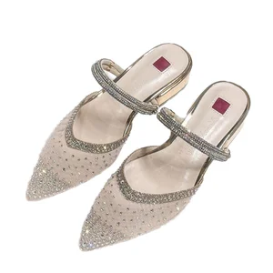 Champagne Luxury Block Heels Women's Mesh Pumps Size 31-43 3CM Low Pointy Toe Slip-On Anti-Slippery Disposable EVA Summer