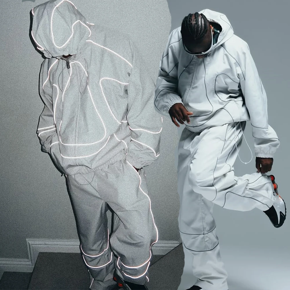 Streetwear Custom Men's Outdoor Waterproof Sports Polyester Nylon Reflective Windbreaker Track Jacket and Pants Set Tracksuit manufacture