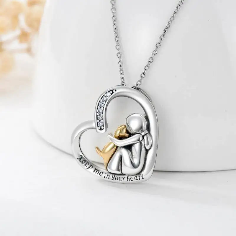 Collana Ragazza E Cane In Argento 925 Con Placcatura Oro Rosa - Ciondolo Abbraccio - Gioiello Ipoallergenico Per Amanti Degli Animali