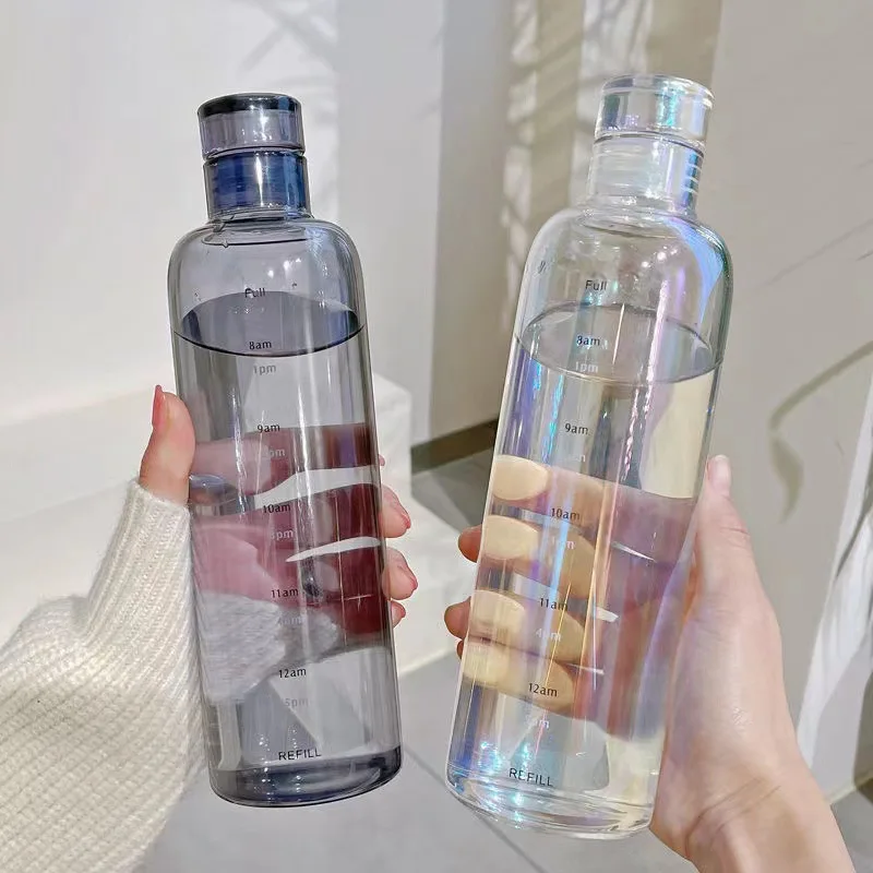 Simple Big Capacity Time Scale Transparent Circular Glass Beverage Water Bottle