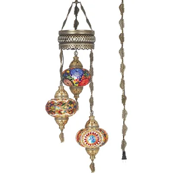 Turkish Stained Glass Insert Pendant Light Moroccan Mosaic Plug in Chandelier with 4.5m Cord Chain & 3 Big Globes