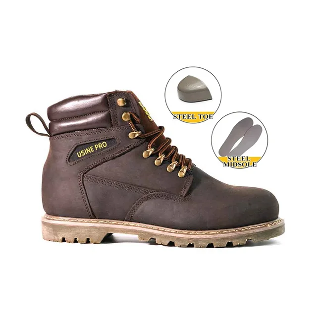 Comfortable Western Unisex Safety Shoes Industrial Brown Steel Toe Steel Midsole Crazy-horse Cow Leather Working Boots