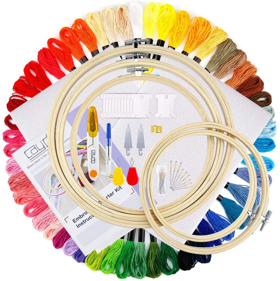 Dome Chinese 100 Colors Embroidery Floss 5pcs Bamboo Hoops Aida Cloth Cross Stitch Tools Starter Kit for Adults