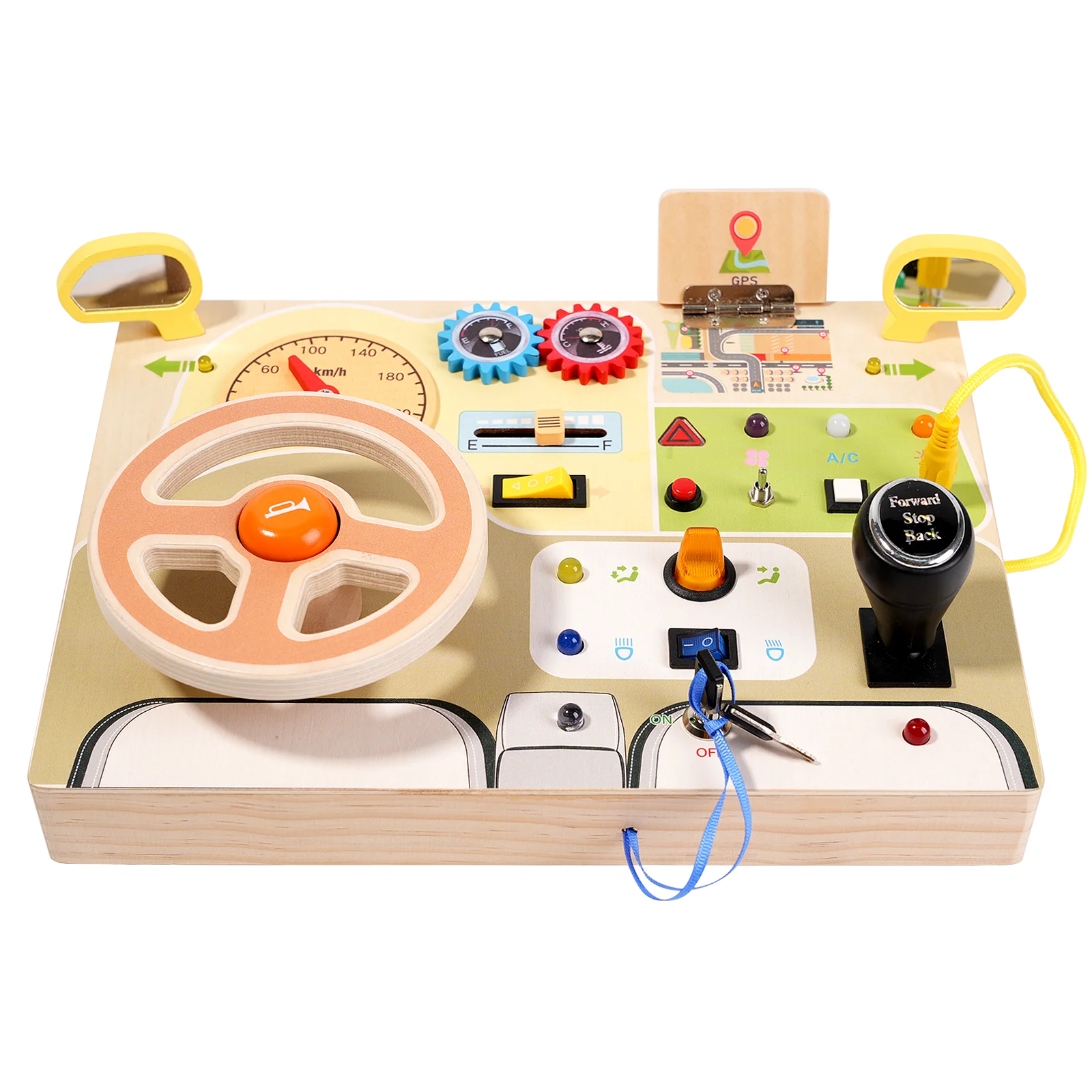 Multifunction electronic busy board baby wooden sensory analog steering wheel circuit busy board montessori toys with led light