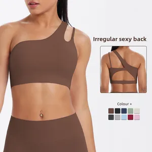 One Shoulder Seamless Sports Bra Double Knit Nylon Yoga Running Fitness Tank Top