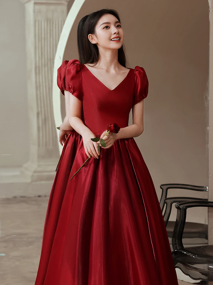 Temperament Satin Burgundy Party Dresses Women Satin Evening Dress