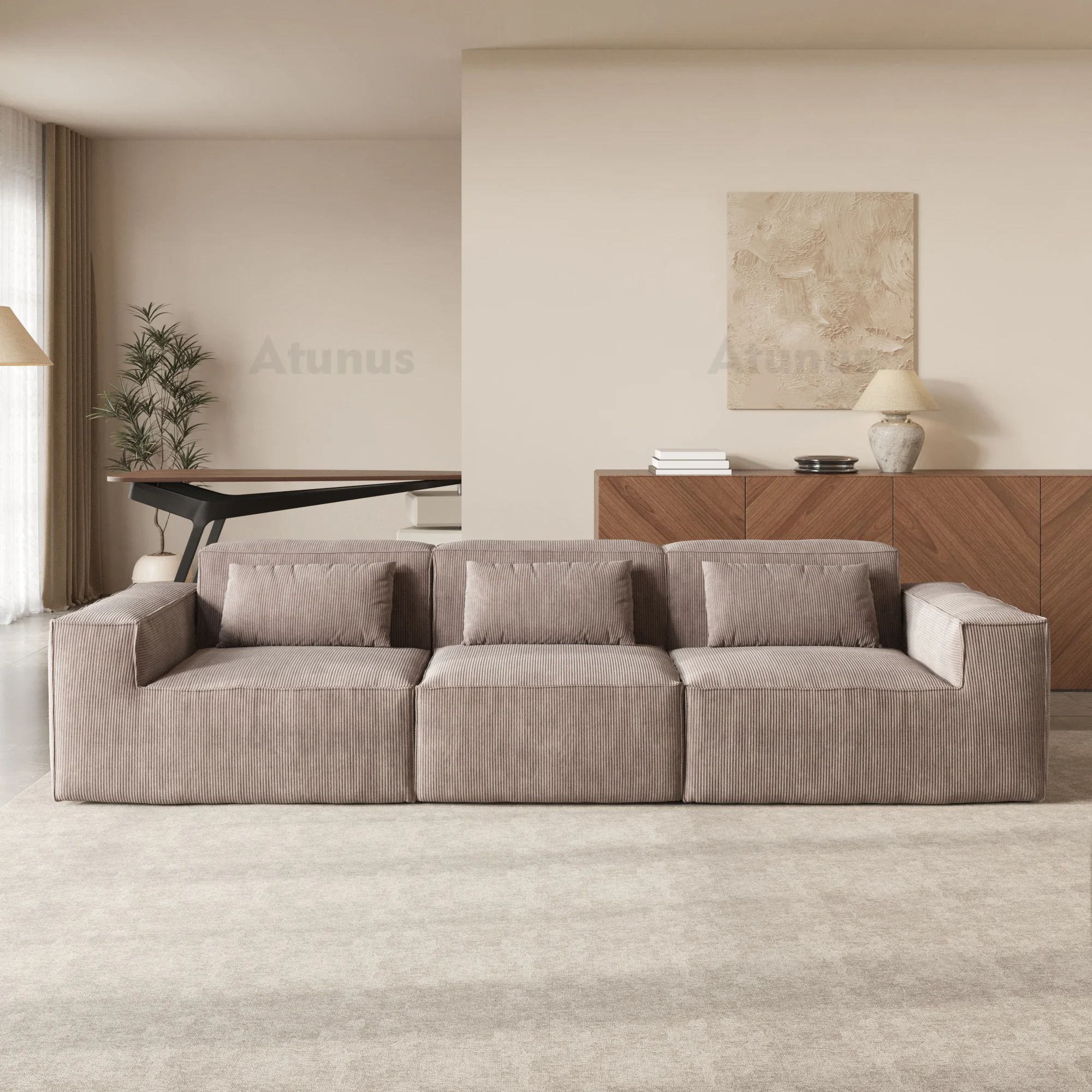 ATUNUS French Brown Compress in Stock White L Shape Sofa 4 Seater  Modular Sectional Sofa Corduroy Fabric Living Room Couch Set