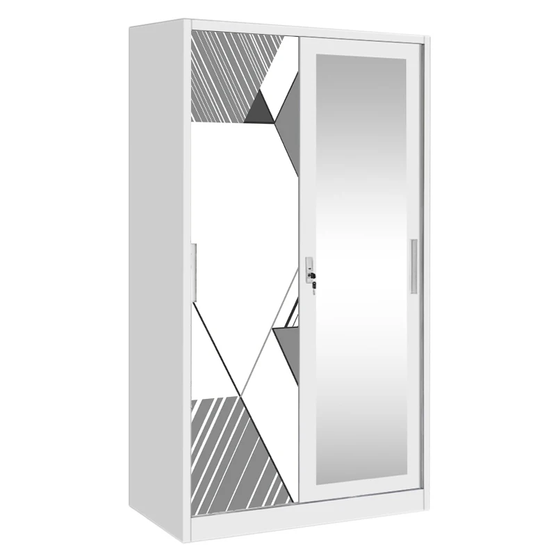 White Steel Sliding Wardrobe with Mirror for Bedroom Storage and Organization
