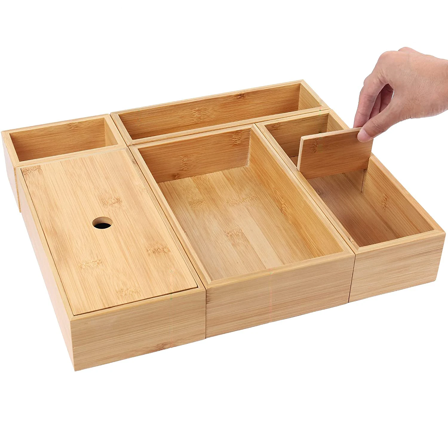 Home Office Pack of 5 Multifunctional Bamboo Drawer Divider Storage Box Set for Kitchen Pantry Drawer Organizer Bins