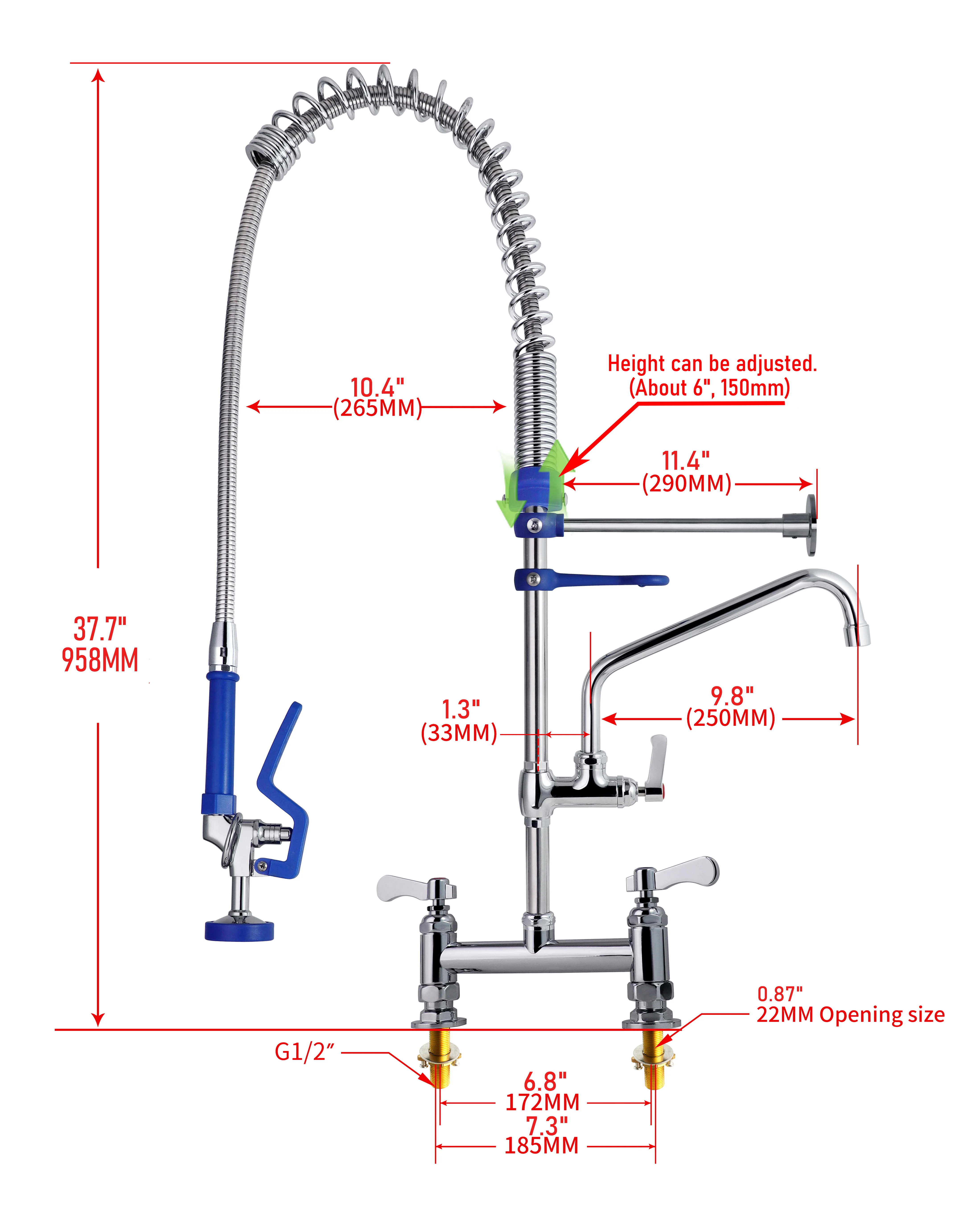 Commercial Kitchen 38\" Spring Deck-Mount Faucet Adjustable Height Swing Spout Pre Rinse Hot Cold Water Mixers Taps 2-Hole manufacture