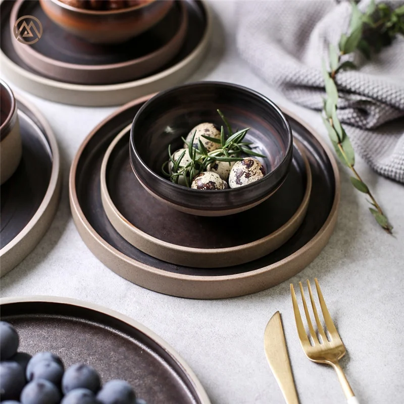 Matte Brown Hand Painted Stoneware Tableware Sets Wholesale Ceramic Dinnerware