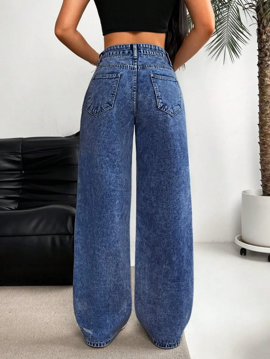 European and American Denim Ripped Washed High Waist Straight-leg Versatile Slimming Spring Jeans for Women
