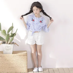Hot Selling Young Girl's Light Blue Half Sleeve Button Up Casual Wear Shirts