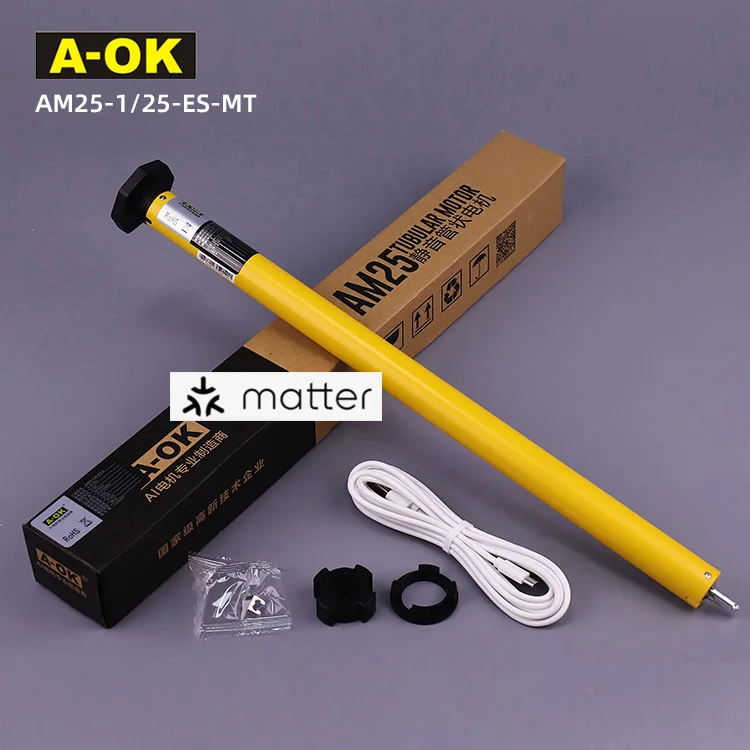 Moteur tubulaire A-OK AM25 1/25-ES-E-MT 25mm pour systme Matter, batterie lithium rechargeable pour stores et volets roulants, moteur AOK Moteur tubulaire A-OK AM25 1/25-ES-E-MT 25mm pour systme Matter, batterie lithium rechargeable pour stores et volets roulants, moteur AOK