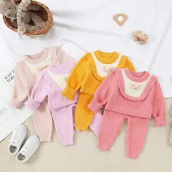 0-2Yrs Autumn 2023 babys cotton knit flower cotton suit  infants toddlers girls sweater pants two-piece set