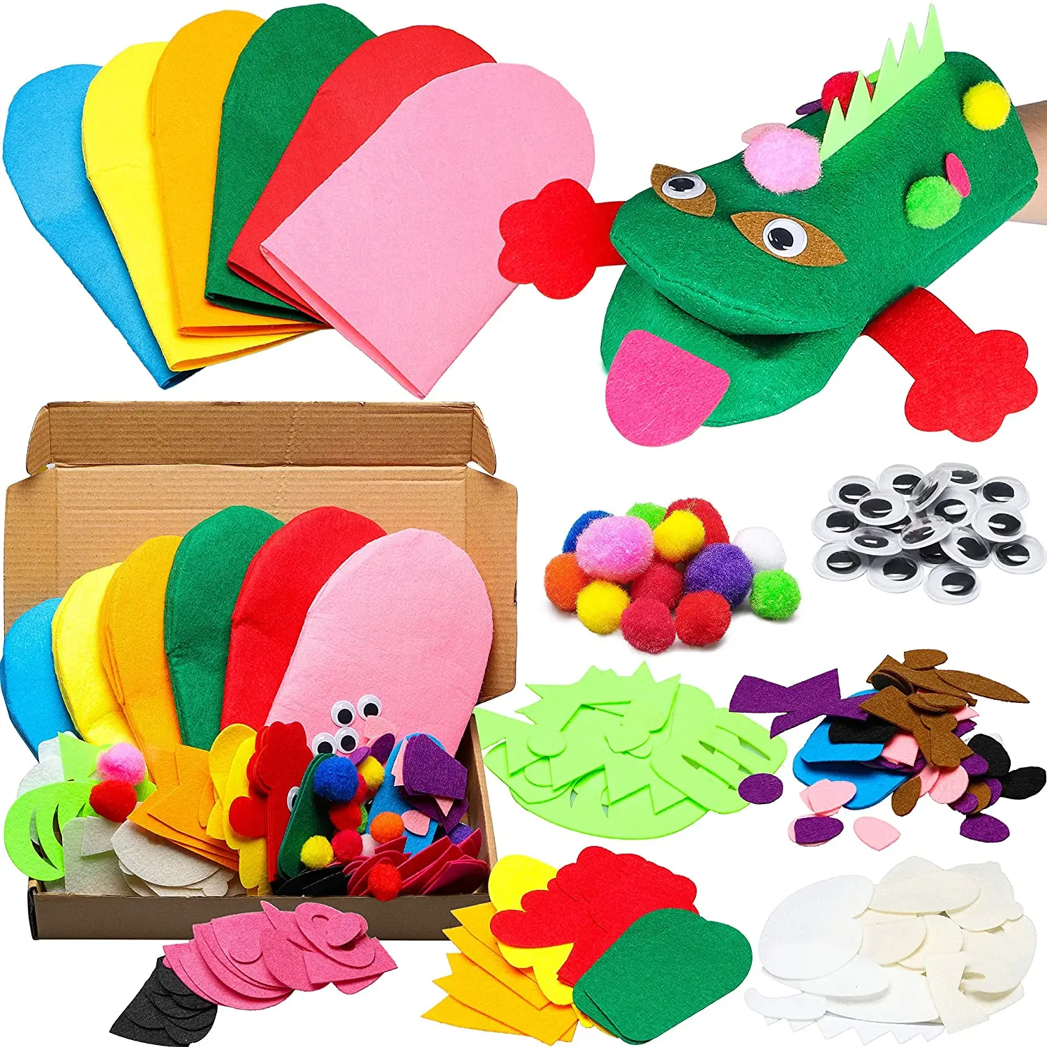 8 Pieces DIY Thick Felt Puppets Hand Puppet Craft Kit Felt Sock Puppet Hand Puppet Making Kit with Pompoms and Wiggle Googly Eyes Role Play Party Supplies for Boys and Girls 