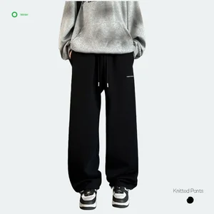 Men's Vintage Black Straight-Leg Plain Dyed Eco-Friendly Breathable Winter Elastic Waist Fleece Casual Loose Fashionable Solid