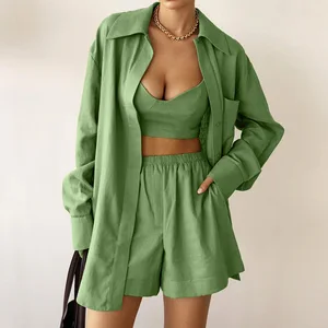 2025 Green Lady High Street 3 Pcs Outfits Women's Casual Elastic Waist Loose Pockets Shorts Suits Cotton Linen Loose Shirt Sets