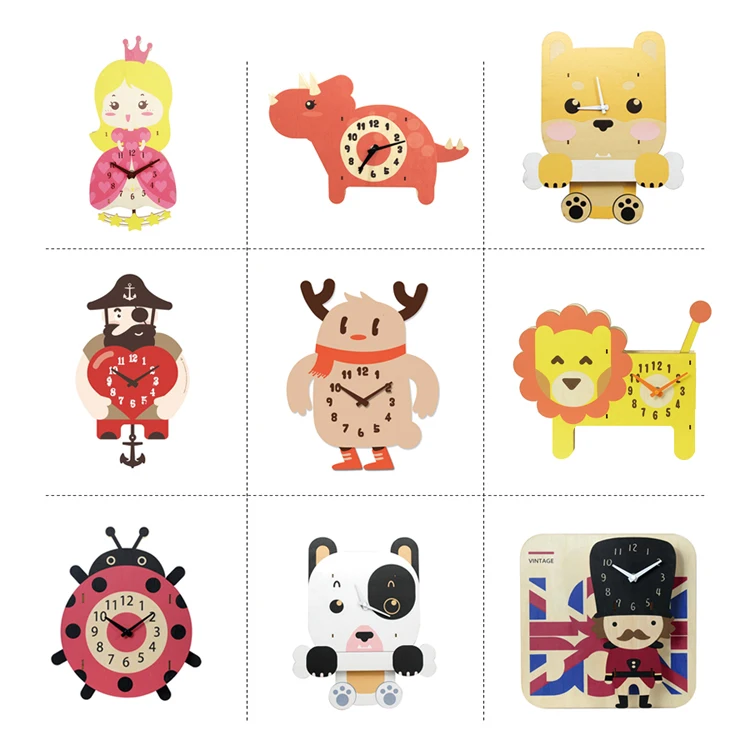 Fancy Design lion Shape Cartoon Style  Pendulum Movement  Wooden Wall Clock for Kids Room Decoration