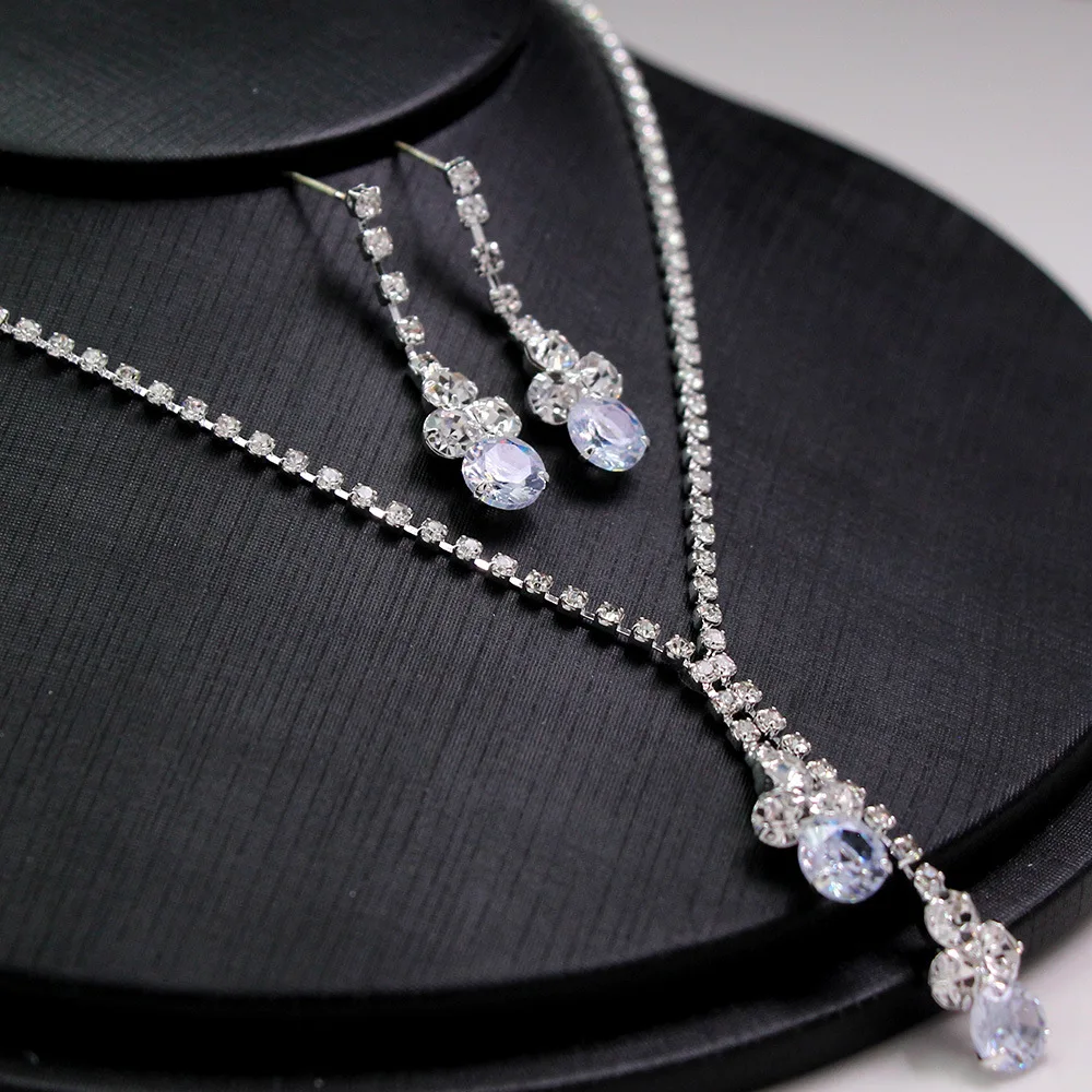 Korean Style Simple Silver Two-Piece Fashion Jewelry Set Zircon Necklace Earrings for Bride Wedding Anniversary Banquet Dress
