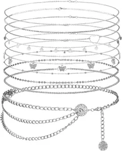 Lenwen 10 Pcs Alloy Belly Waist Chain Adjustable Summer Beach Women's Multilayer Body Jewelry
