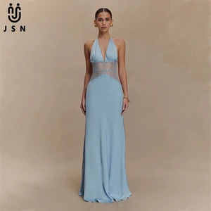 JSN 2026 Customized New Fashion Sexy Lace Backless Halter Neck Deep V Strap Beach Solid Swimdress Elegant v Neck Female Swimwear