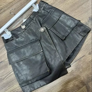 Lady's Fashion PU Leather Short Skirt Office Lady Style Washed Embroidered Button Decoration Natural Wrap Pencil Autumn A-Line