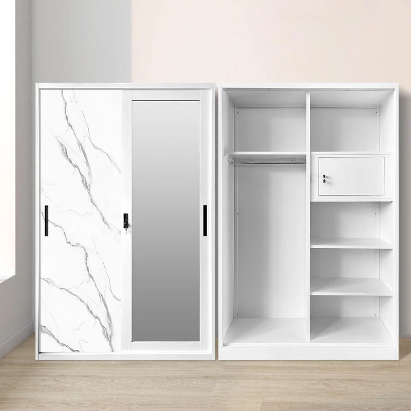 Steel Sliding Door Wardrobe with Mirror and Knock Down Structure for Bedroom Storage
