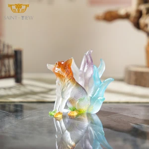 Handcrafted Multicolor Liuli Nine-Tailed Fox Figurine Lost-Wax Casting Crystal Sculpture for Elegant Home Decor & Gifts