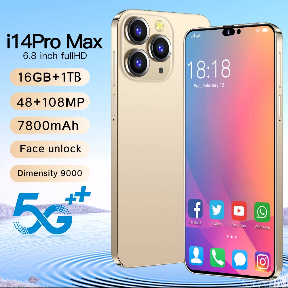 New i14 Pro MAX 6.8 16GB+1TBGB Android 7800 mA Unlocked 4g Smartphone